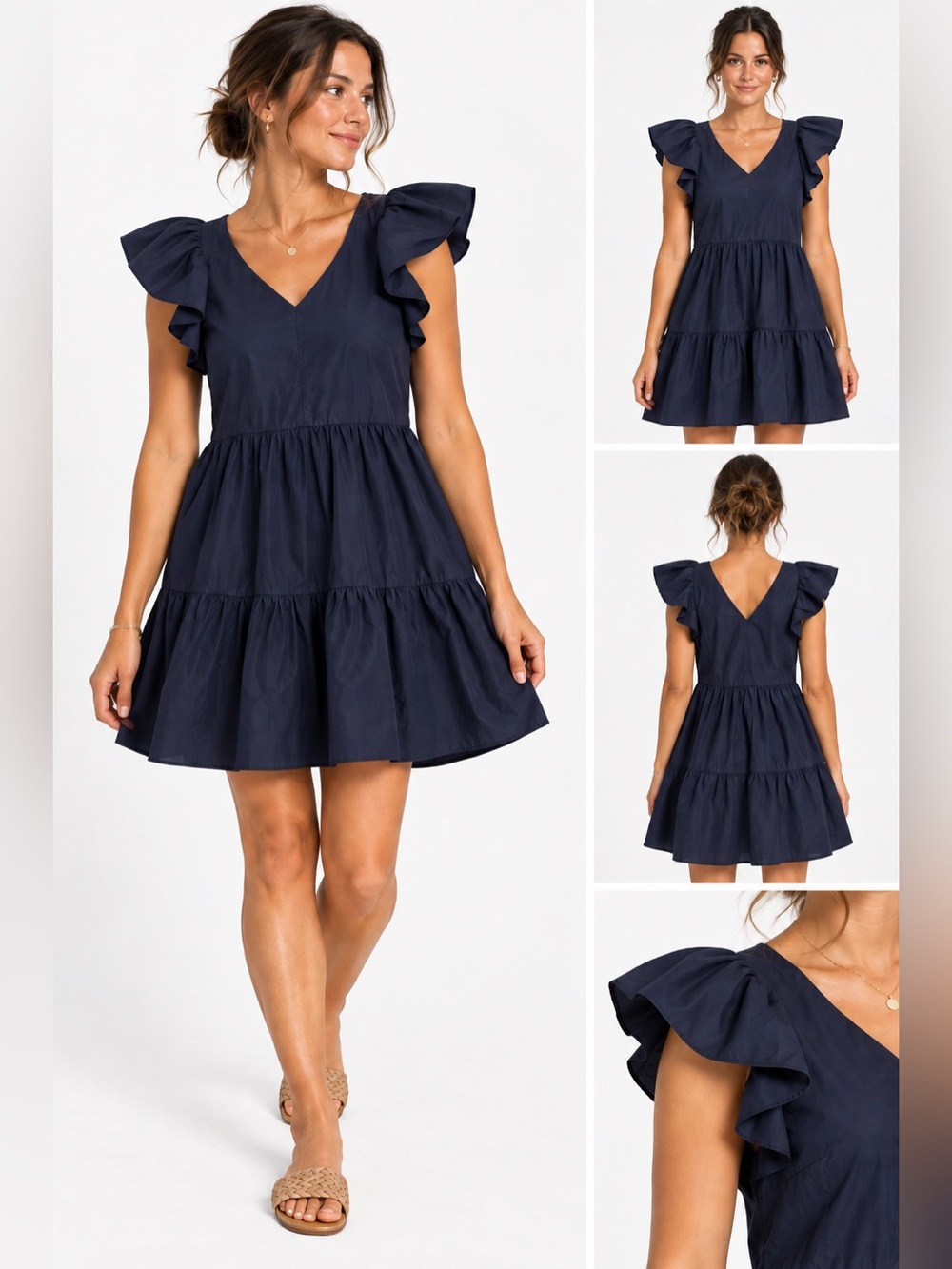 Gibson Latimer Navy V‑Neck Tiered Ruffle Sleeve Dress